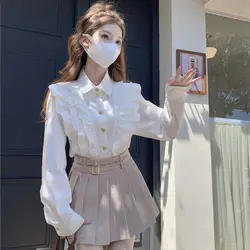White Long Sleeved Shirt Women's Shirt New Gentle Ruffled Top