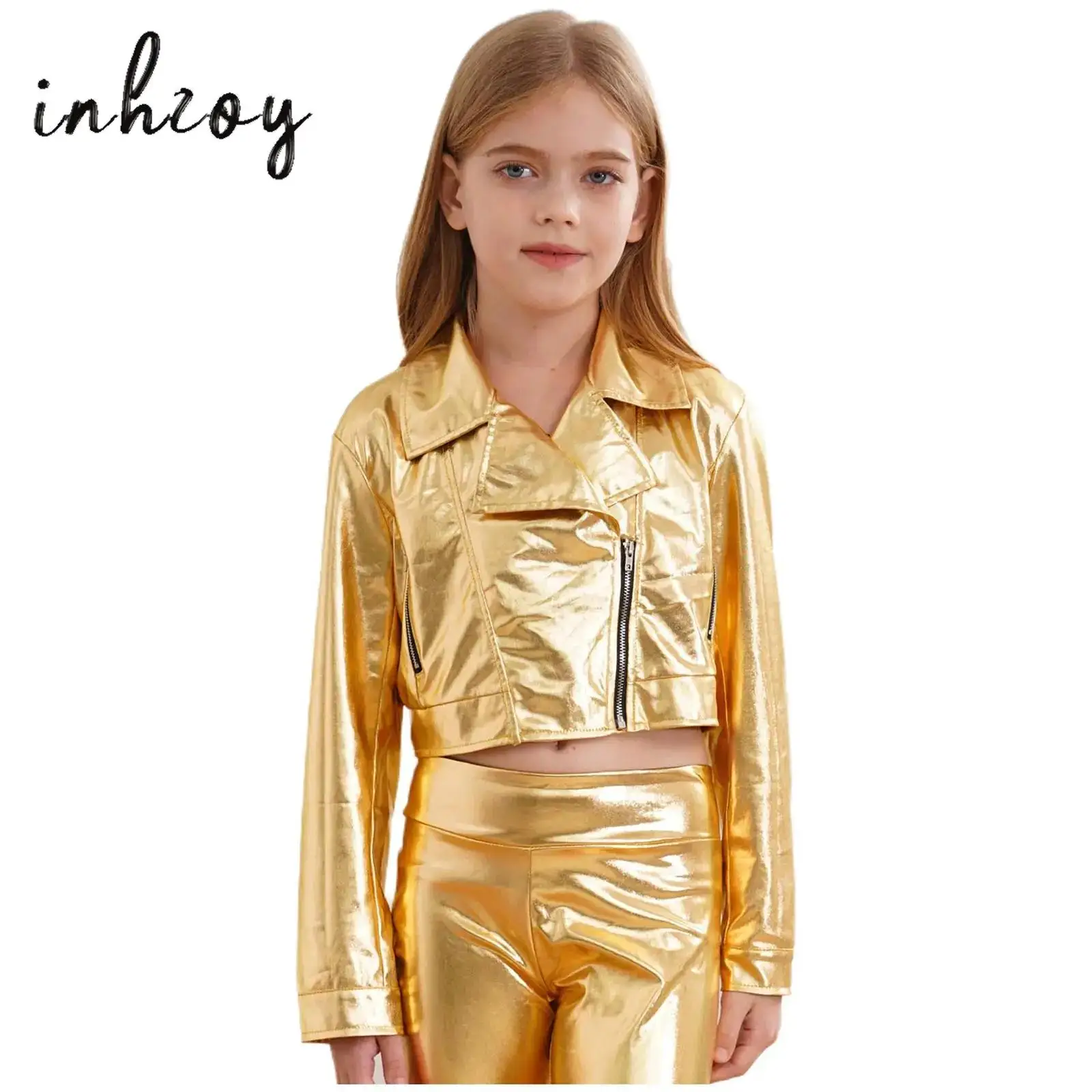 

Kids Girls Hip-Hop Dance Top Jacket Coat Holography Metallic Zipper Turn-Down Collar Long Sleeve Outwear Motorcycle Streetwear