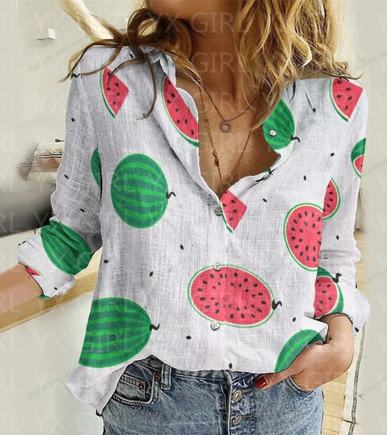 Camiseta informal con estampado 3D de sandía para mujer, ropa de calle única con botones