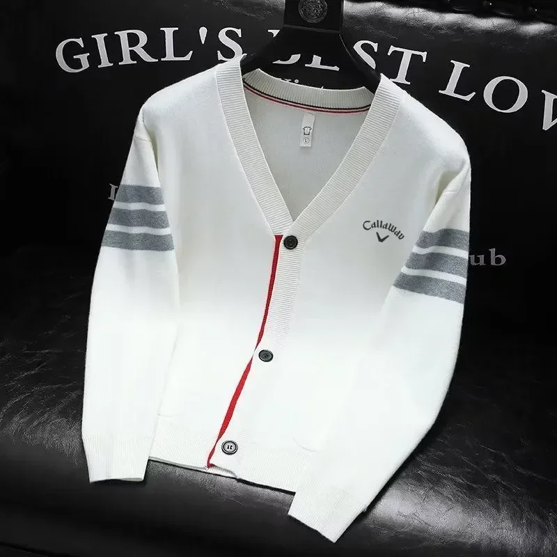 Authentic Golf Sweater Men Golf Wear 2024 Autumn New V Collar Knit Cardigan Korean Stripe Casual Sweater Coat Men's Golf Apparel