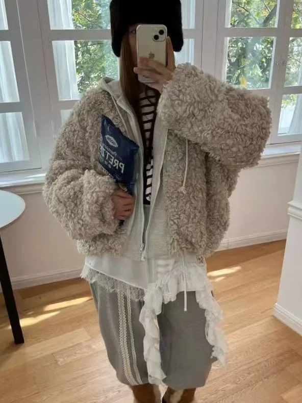 

Faionable Hooded Women's Cotton Jaet Warm Fluffy Outerwear Winter Trendy Sle Cozy Aosphere Sensation Coat