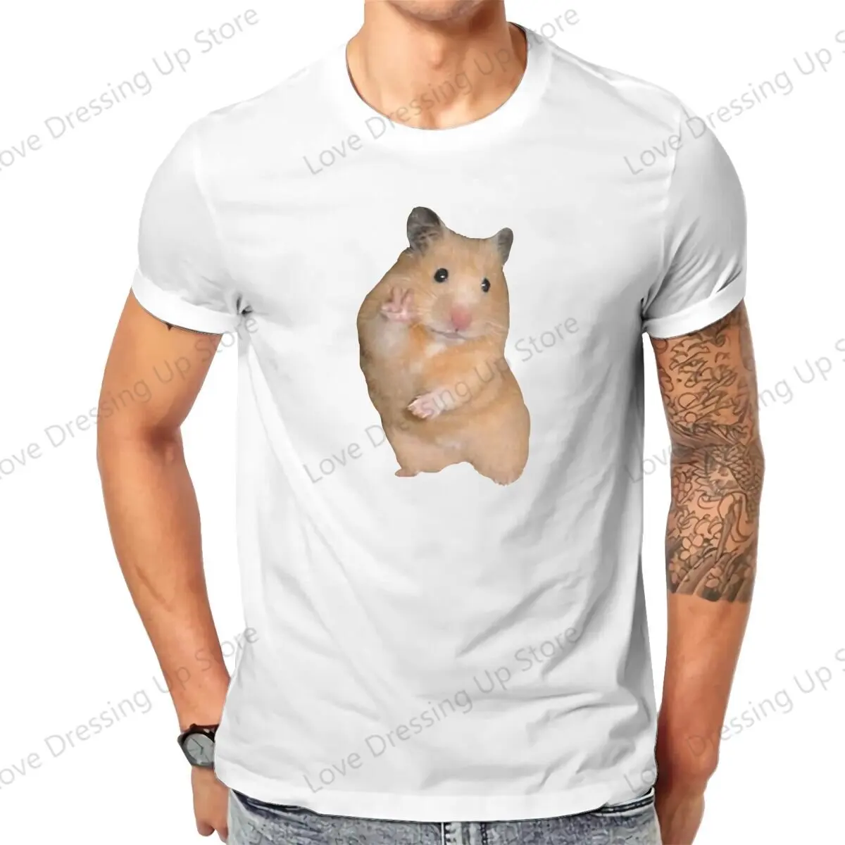 Peace Sign Hamster Cotton Short Sleeve T-shirt Men Women Trend Fun Lucky Hamster  Loose Tops