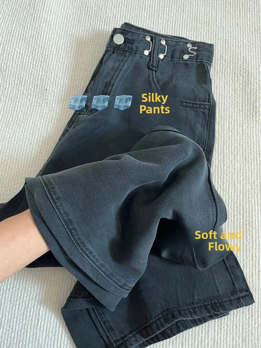 

Adjustable Waist Silk Denim Jeans Women's Spring Thin Large Size Ice Silk Drapey Floor-Length Wide Leg Long Pants