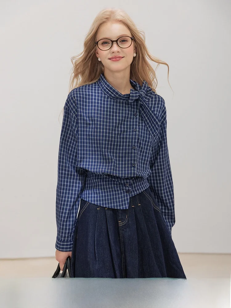 

Blue Plaid irt Women's Long Sve Stand Collar Knot Vintage Top Asymmetrical Hem Design Casual Faion irt