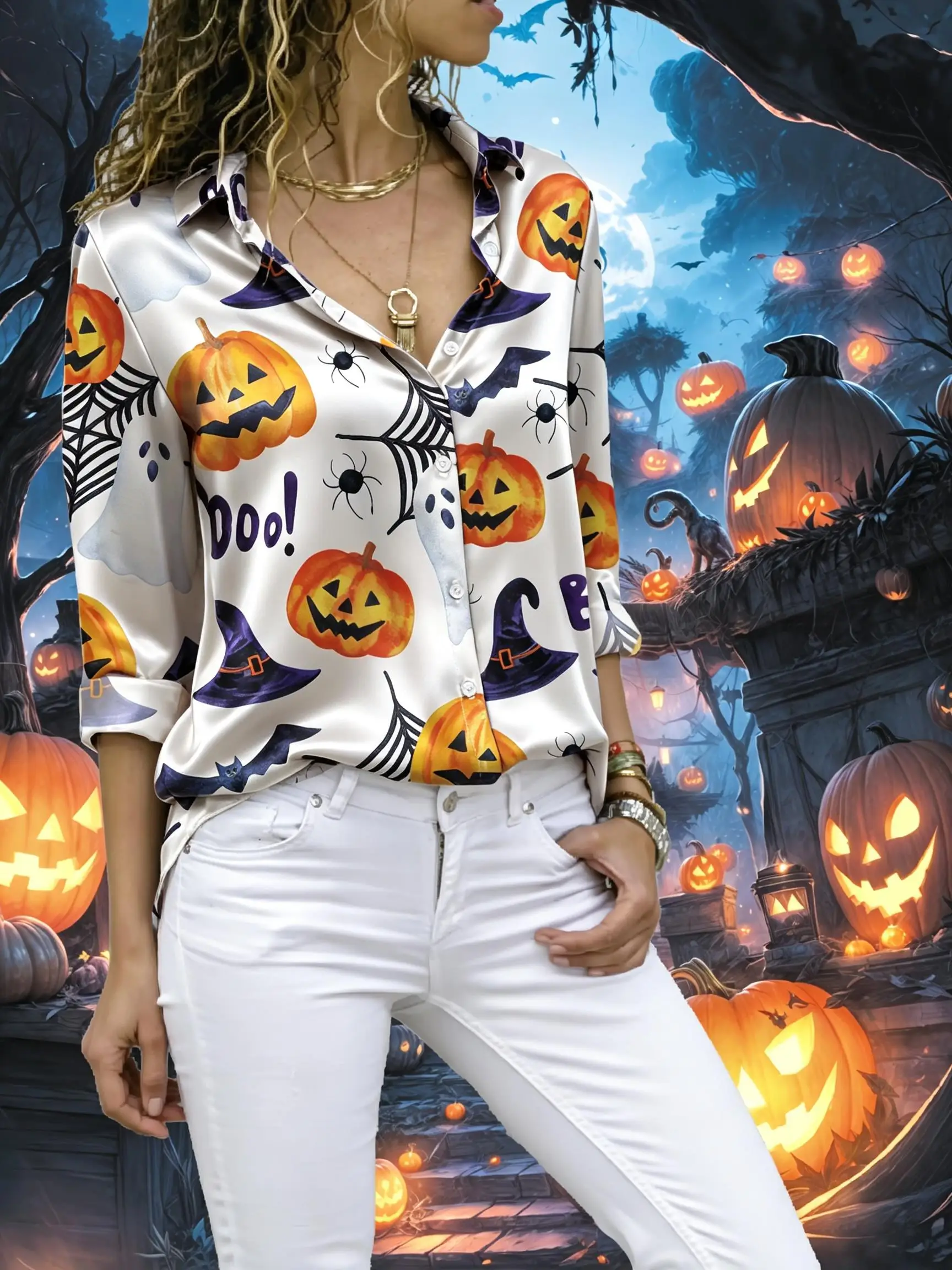 Women Lapel Long Sleeve Satin Shirt Halloween All‑Over Print Pumpkin Witch Hat Spider Web Ghost Bat Boo Graphic Tops