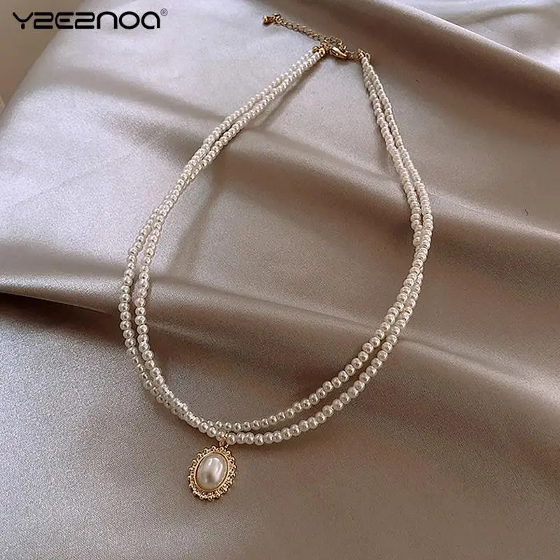 Popular Double Layer Pearl Pendant Necklace Gold Color Necklace Women Korean Style Pearl Pendant Necklace Fashion Jewelry Collar