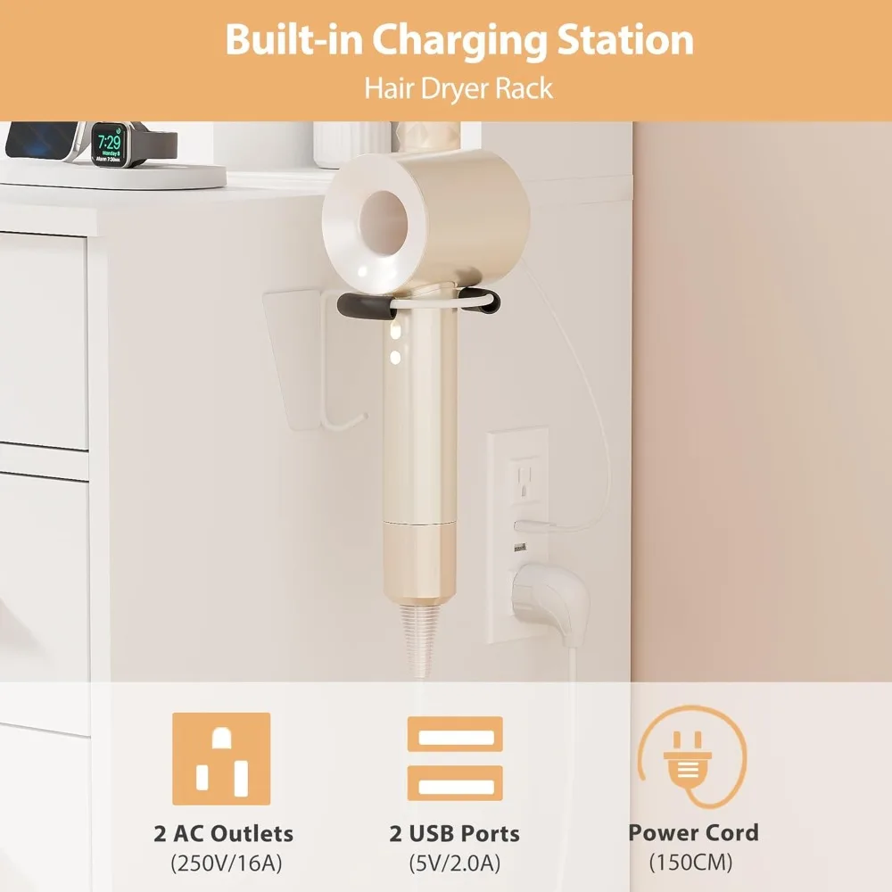 مكتب مكياج أبيض مع مرآة وأضواء ومخرج طاقة و11 درج و9 أرفف وحامل مجفف الشعر