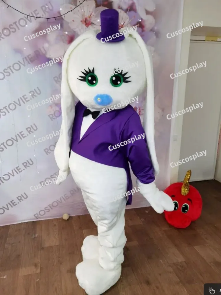 Christmas Cute White Hare Rabbit Purple Suit Easter Bunny Mascotte Fancy Cartoon Mascot Costume Plush Fancy TuxedoMascot Costu