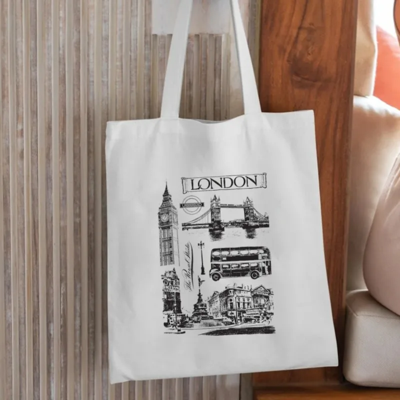 London Books Print Women Shoulder Bags Casual Handbag Tote Bag Large Capacity Cotton Shopping Bag