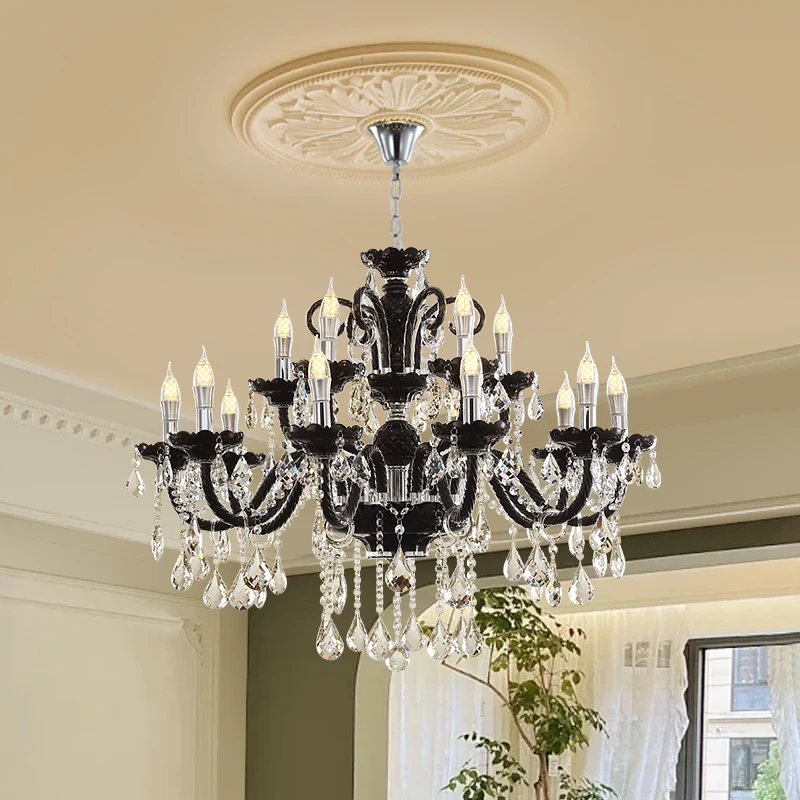 Retro French black living room room main lamp light luxury European high-end crystal chandelier