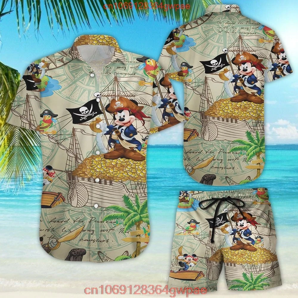 Mickey Hawaiian Shirt Shorts Set Men\'s Women\'s Summer Casual Beach Vacation Shirt Set Disney Beach Shorts Vintage Button Shirt