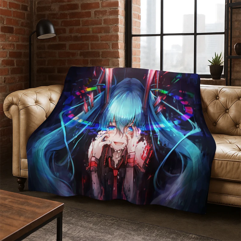 Cartoon M-MIKU Music Girl Flannel Blanket Soft Warm Blanket Throw Blanket for Bedroom Living Room Bed Travel Picnic Gift Kid