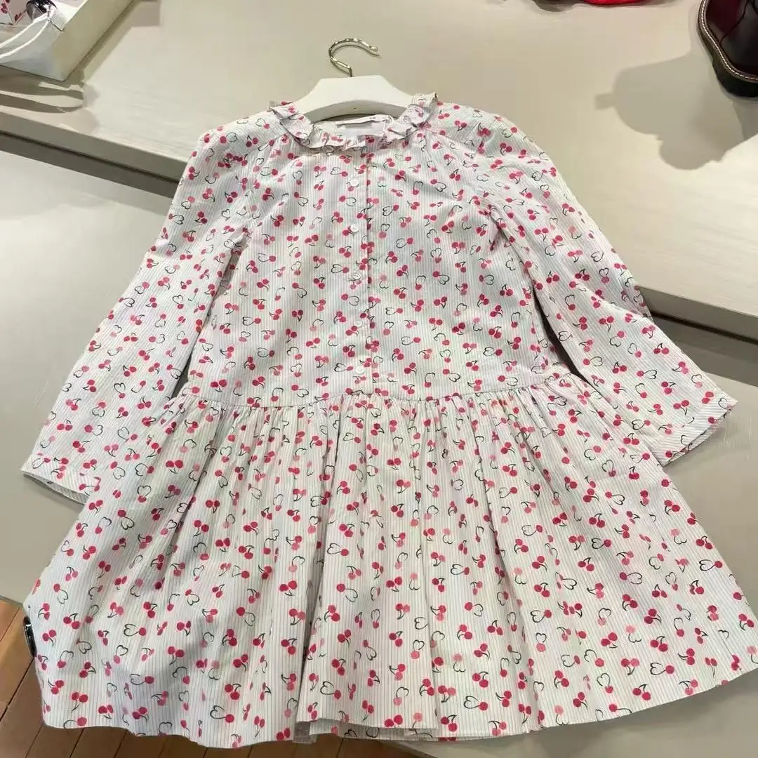 

Girls' Dress 2025 Spring/Fall New Arrival Pink Cherry Print Fashion Children's Dress Cotton Ruffled Long Skirt Kids' Clothing