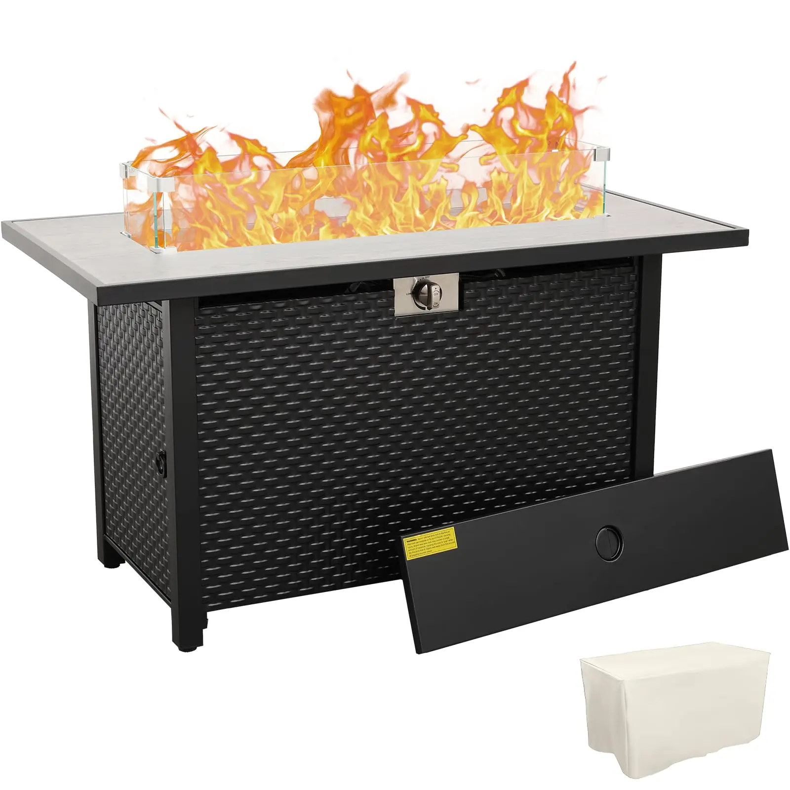 45 Inch Fire Table for Outside 60000 BTU Steel Gas Pit Outdoor with Woodgrain Marble Tabletop Glass Wind Guard Cover