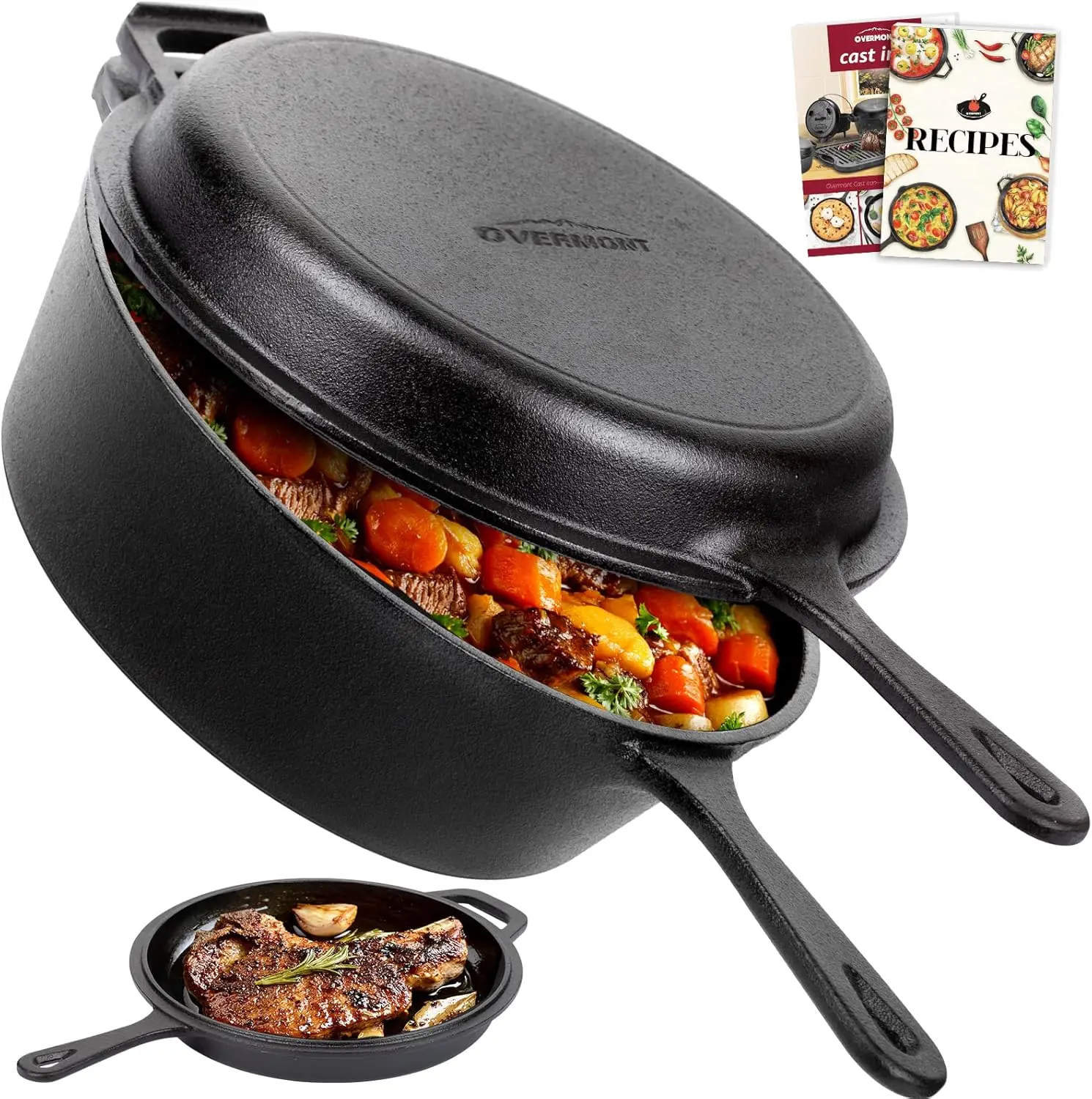 

Cast Iron Dutch Oven with dual use Skillet lid for Oven, Induction, Electric, Grill, Stovetop, (3.2QT Pot, 10.5 inches)