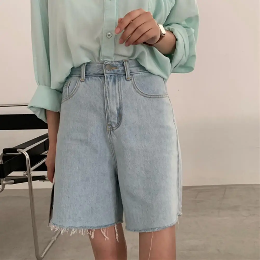 New Summer Women Hole High Waist Button Straight Leg Jeans Shorts Casual Female Loose Fit Blue Denim Shorts