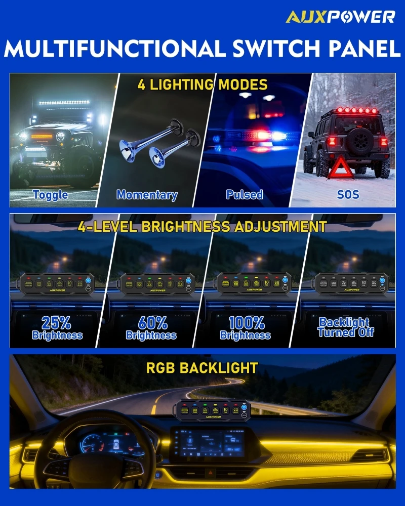 Wireless 6-in-1 Control System 6 Gang RGB Switch Panel for Fog Light, Headlight, Tail Light, Turn Signal , Work Light ON-OFF