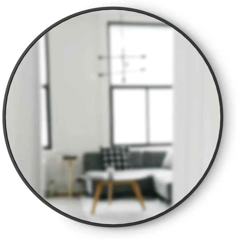 Round Wall Mirror, Rubber Frame, Modern Style Bathroom, Entryway, Living Room, Etc., 37 Inches