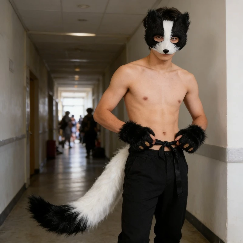 

Cat Mask Gloves Tail Set Long Hair Animal Costume Halloween Party Outfit for Adults