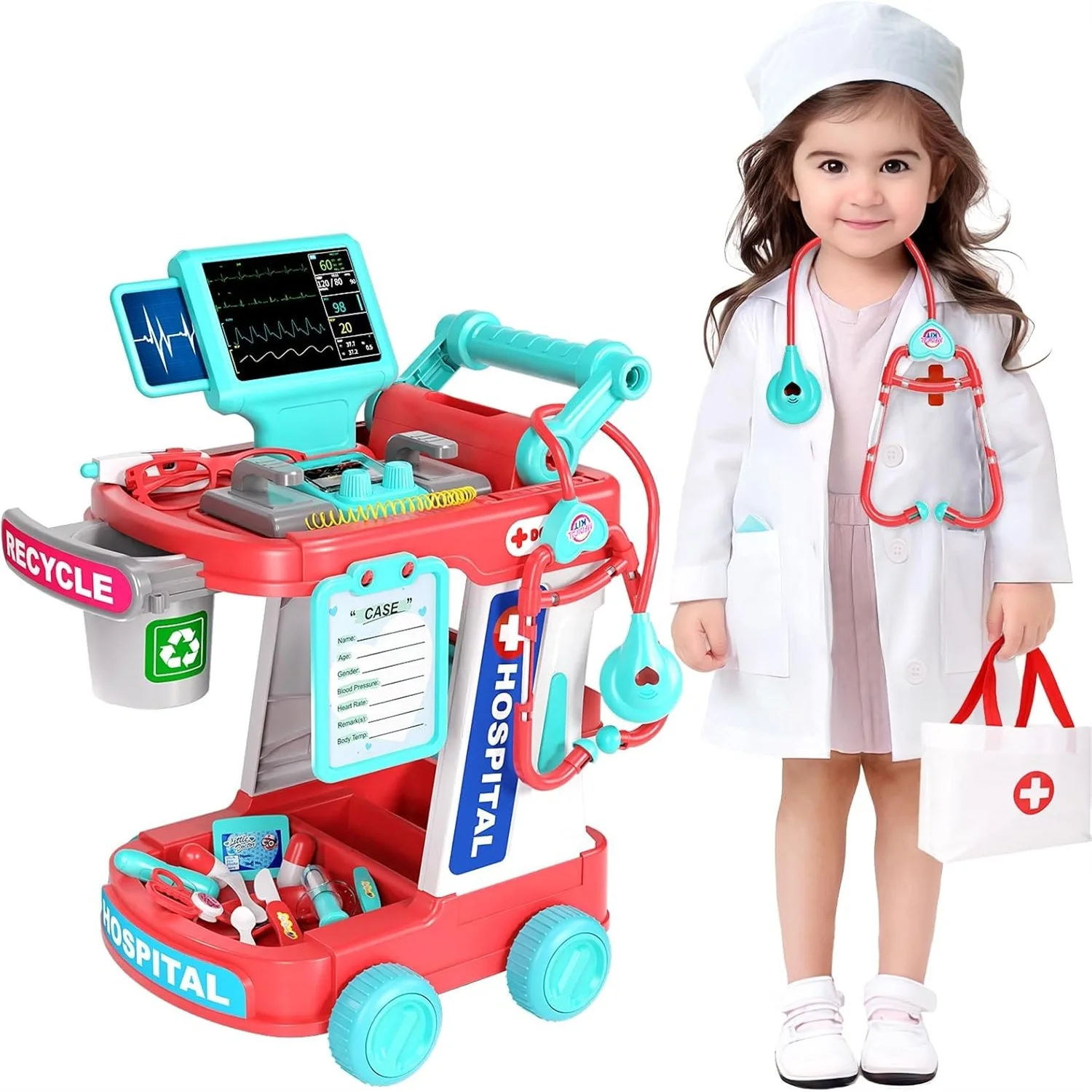 

Doctor Cart Toy Pretend Play Medical Station Set with Mobile Cart Lights Stethoscope Doctor Role Play Toys for Kid Boys Girls 3+