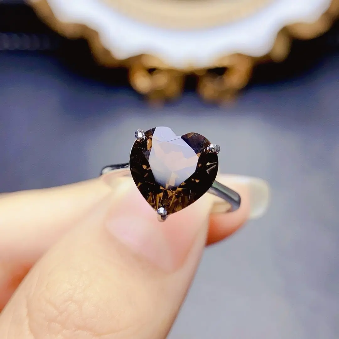 

ZECAA Smoky Quartz Fine Jewelry Woman Ring With Natural Heart Smoky Quartz Gemstone 10*10mm Lady Silver Smoky Quartz Ring