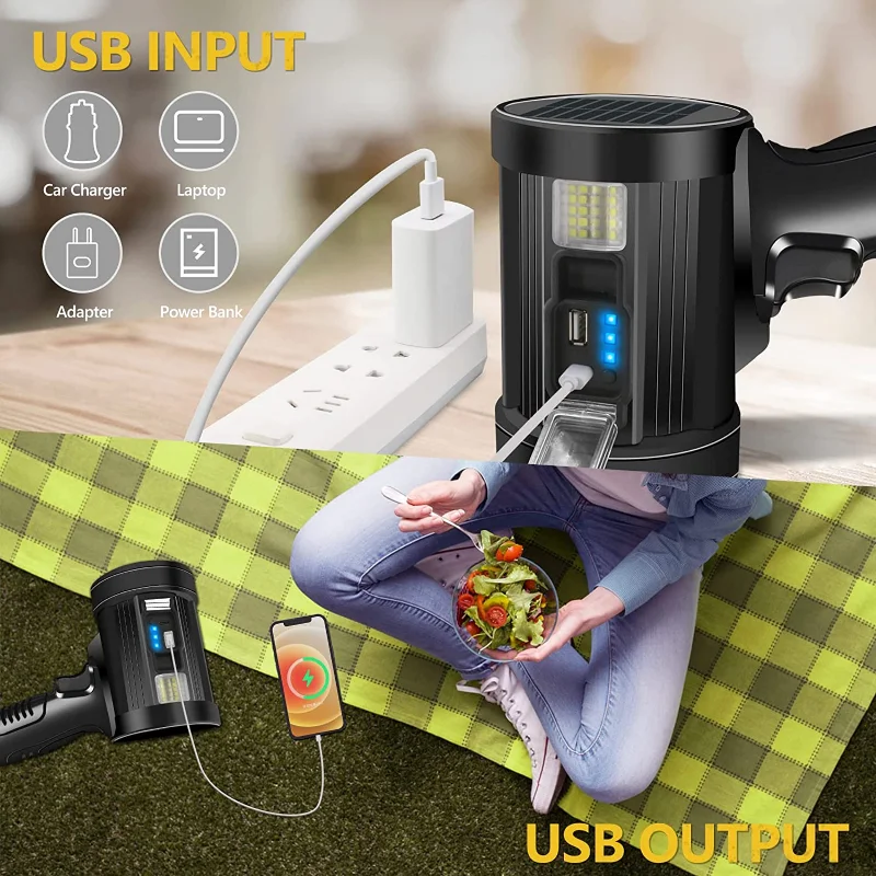 P90 Most Powerful Spotlight Solar Charging LED Lamp Handheld Super Bright Outdoor Hunting Camping Light 6 Modes Searchlight
