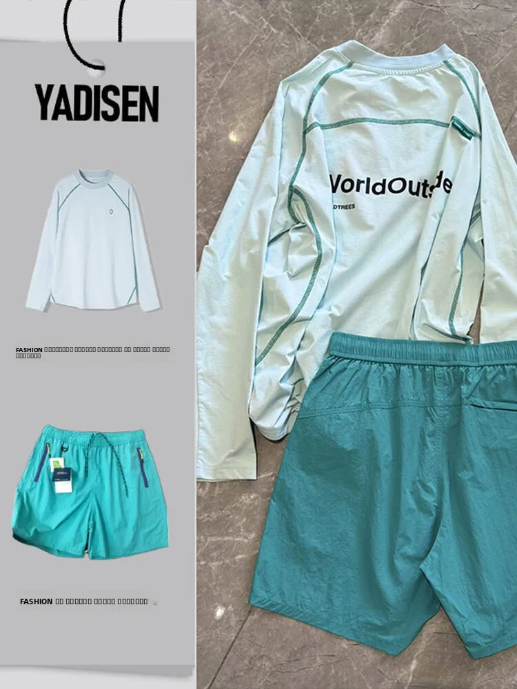 

Легкий быстросохнущий спортивный комплект для мужчин и женщин: летняя футболка с длинным рукавом и шорты-бриджи для бега и тренировок