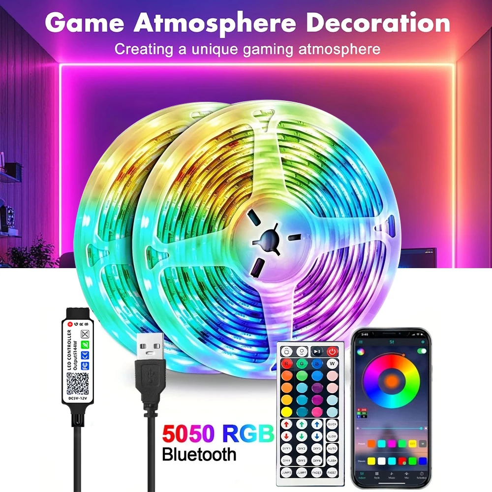 1 Pc Light Strip 5-20m Multi-color Adjustable With Remote Control Charging Cable Led Light Strip 5050rgb Light Strip