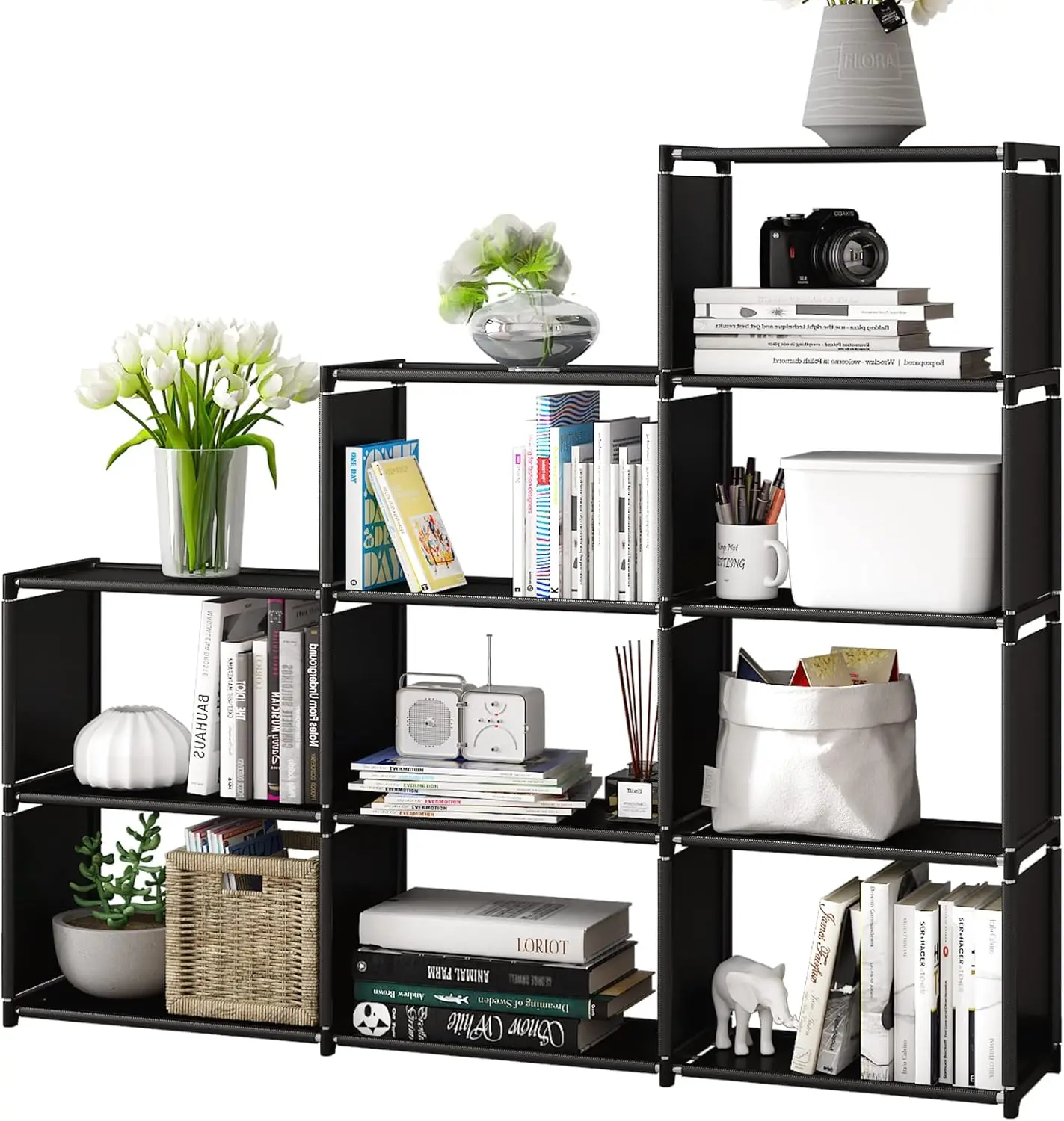 

Bookshelf, Vertical Storage Rack, Black Double Row 9-Grid for Bedroom Living Room