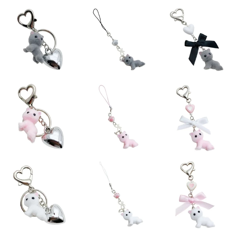 YQ Cat Shapes Keychain Flocking Toy Pendant Keyring Stuffed Animal Charm Key Rings Soft Key Chain Ornament for Bag Phone