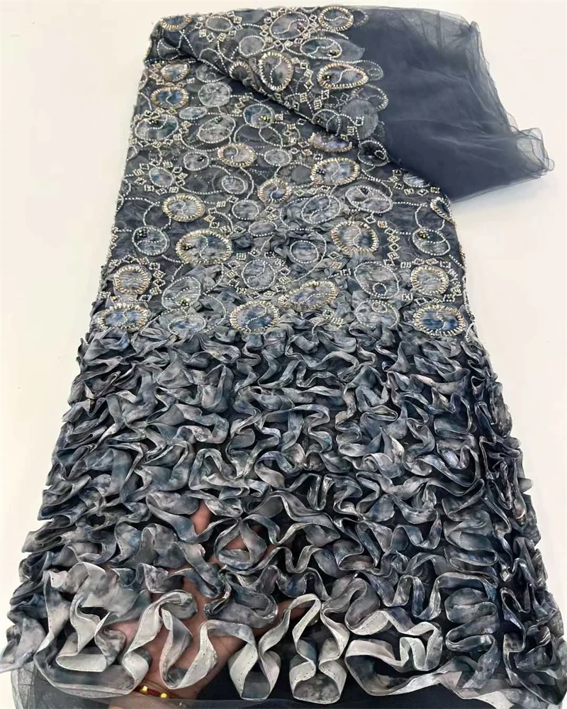 Afrikanischer handgefertigter Perlen-Tüll-Spitzenstoff mit Pailletten und Perlen für Brautparty-Kleider im französischen Stil, Netzperlen-Spitze, Ma