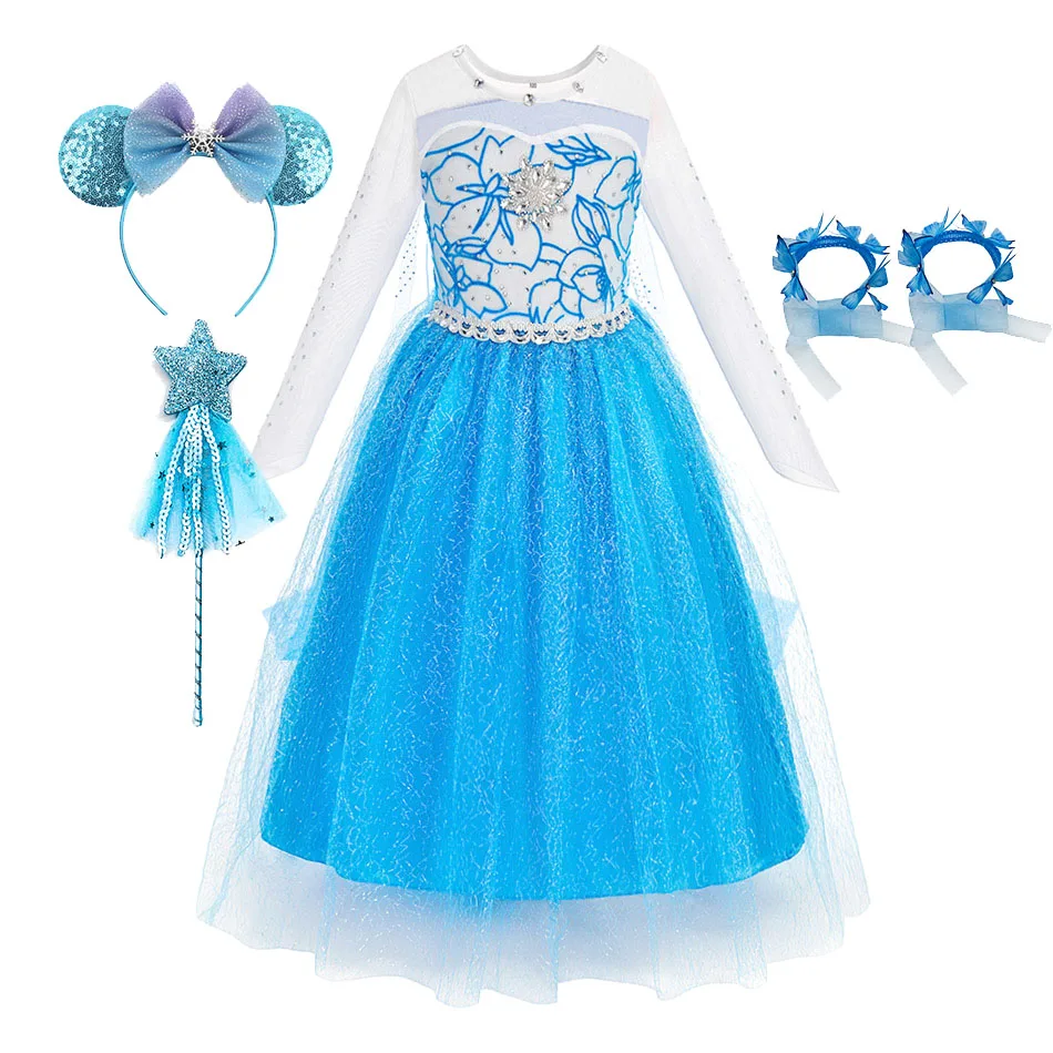 

Элегантный роскошный костюм принцессы для девочек, детская одежда для Хэллоуина, дня рождения, детское карнавальное синее платье Эльзы с блестками для косплея
