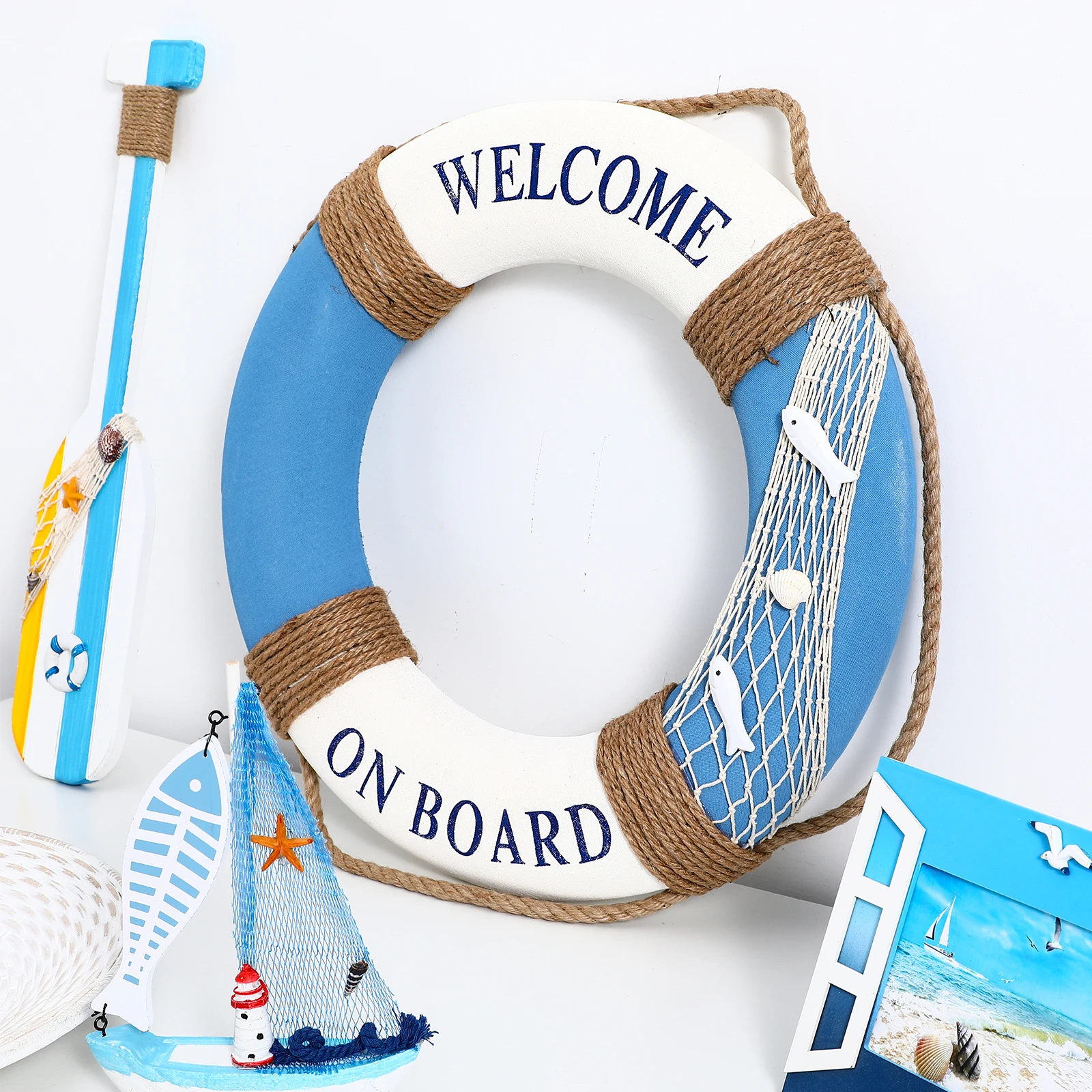 

50Cm Hanging Lifebuoy Decoration Premium Ornament Wall Door Home Decor For Cafe Restaurant Bar Club Mall Blue Fish Wall Hanging