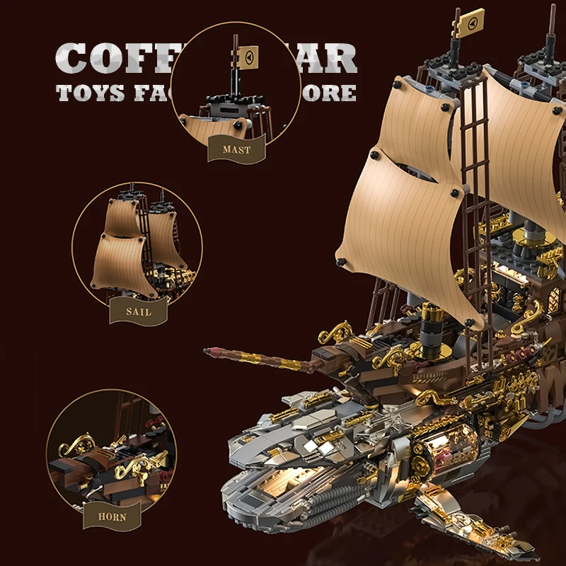 1979Pcs Creative Sci-Fi Whale Ship Building Blocks LED Cyberpunk Sailboat MOC Bricks Toys Mecha Pirate Boat Model Adult Gift NEW view 3