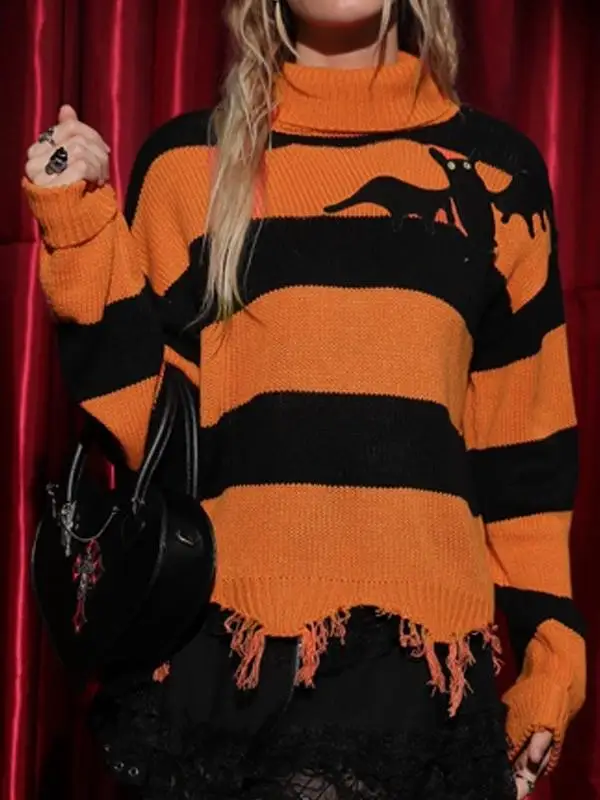 

Модный свободный вязаный свитер с высоким воротником и вышивкой «летучая мышь» на Хэллоуин, цвет ретро, полосатый женский длинный топ све