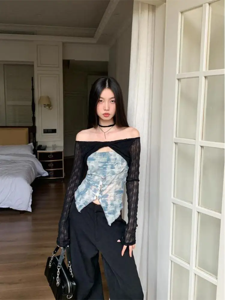 Yedinas Patchwork Fake Two Piece Tops Off Shoulder T Shirt Women Clothes Korean Fashion American Retro Tee Shirt Femme Autumn