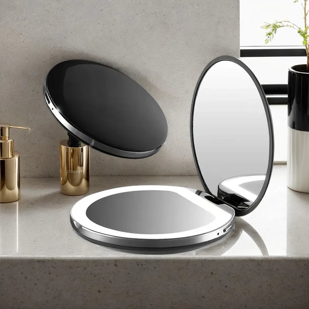 

​​Cute Round Rechargeable Pocket Mirror with LED Lights - Portable Decorative Makeup Mirror for Women​​