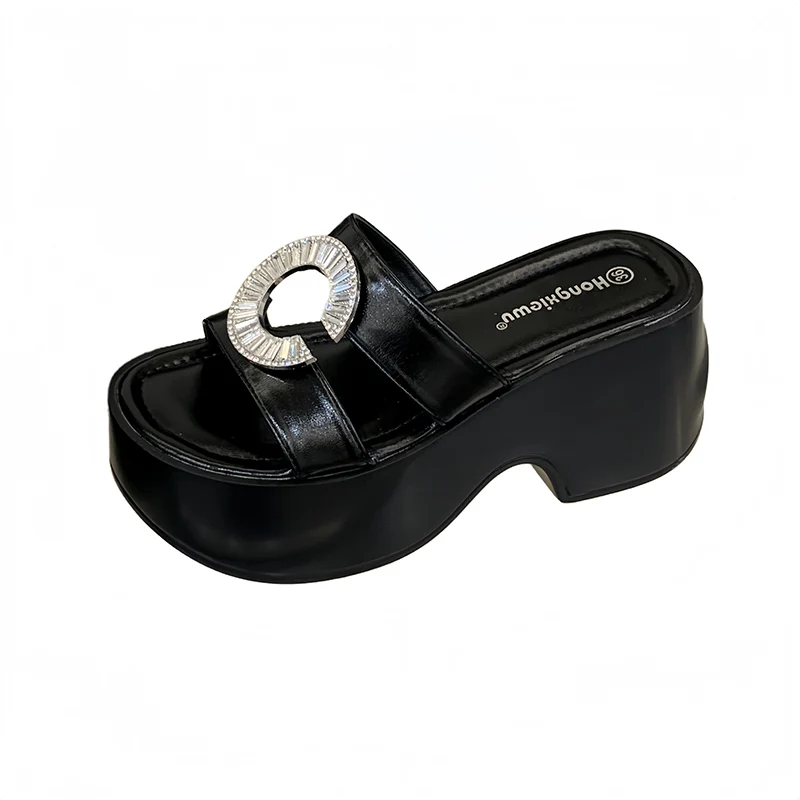 

8cm Chunky Platform Shoes Woman Block Heeled Sandals Black Wedges Slippers ，Rhinestones High Heels Summer Sandals Size 34