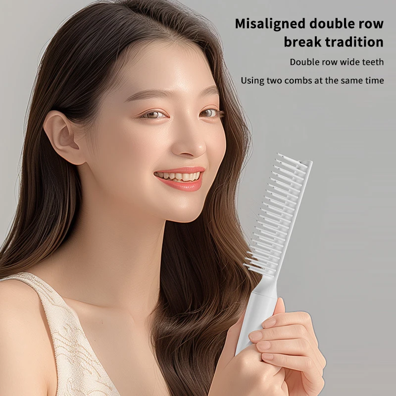 Pente de dente grande de fileira dupla, pente de dente largo curvo, pente fofo, pente de cabeleireiro para pente de cabelo longo e encaracolado