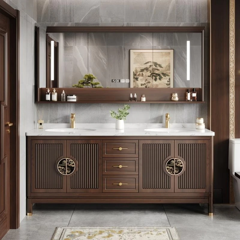New Chinese Style Bathroom Cabinet Combination Washbasin, Double Countertop, Bathroom Wash Ceramic Integrated Basin, Oak Style