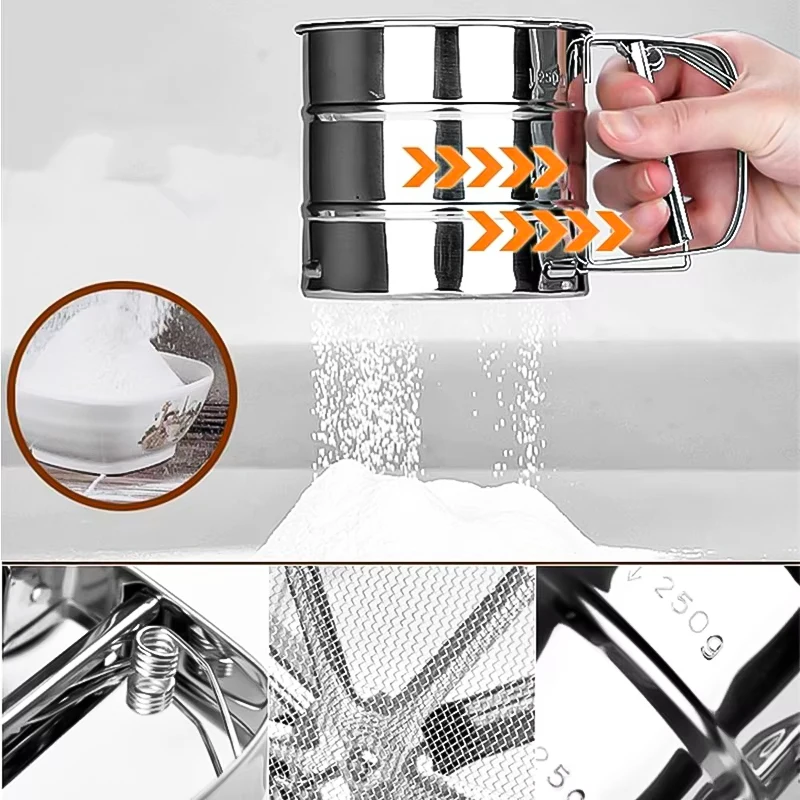 Stainless Steel Flour Sifter Cup Manual Shaker Sieve Cup For Baking Coffee One Hand Press Flour Sifter With Scale Cake Tool