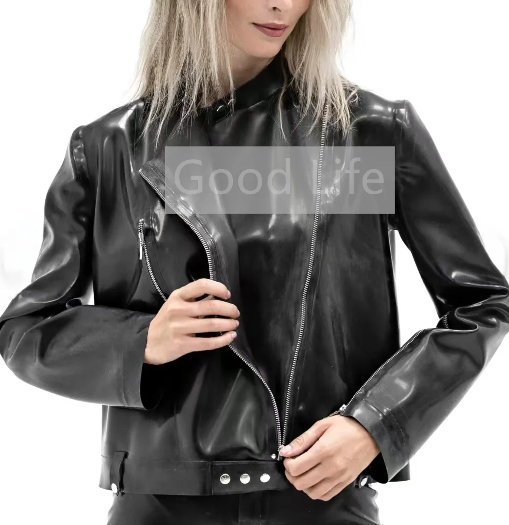 

Handmade Sexy Natural Latex Woman Biker Jacket Long Sleeve Rubber Coat with Front and Sleeve Zip Fetish latex Lady's Top Cosplay