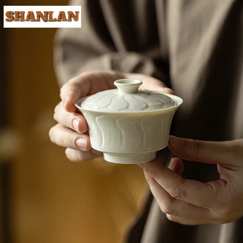 140ML Ding Kiln White Lotus Leaves Gaiwan Aesthetic Tea Tureen Tea Bowl With Lid Kit Tea Brewing Cover Bowl Tableware Decoration