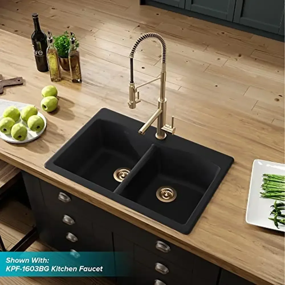 Pia de cozinha de granito com montagem dupla 50/50, 33 polegadas, resistente ao impacto, sem arranhões, design elegante, versátil, conveniente, fácil de usar