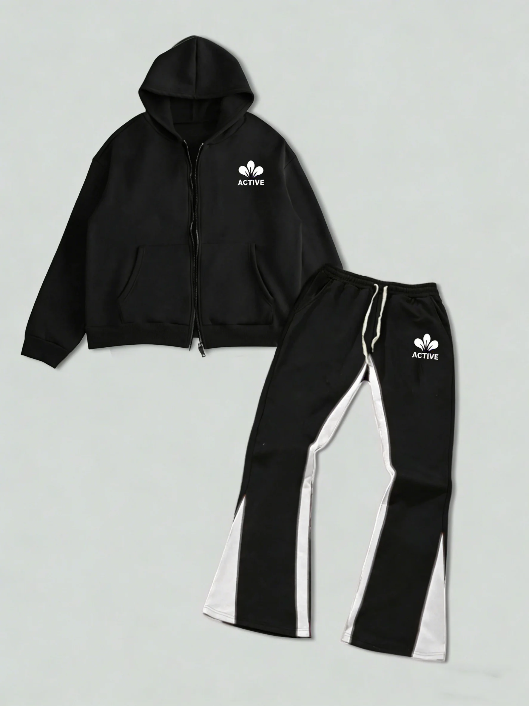 

Men's Street Style Two-Piece Set, Black Zip-Up Hoodie with ACTIVE Logo & Flared Sweatpants with Side Panels
