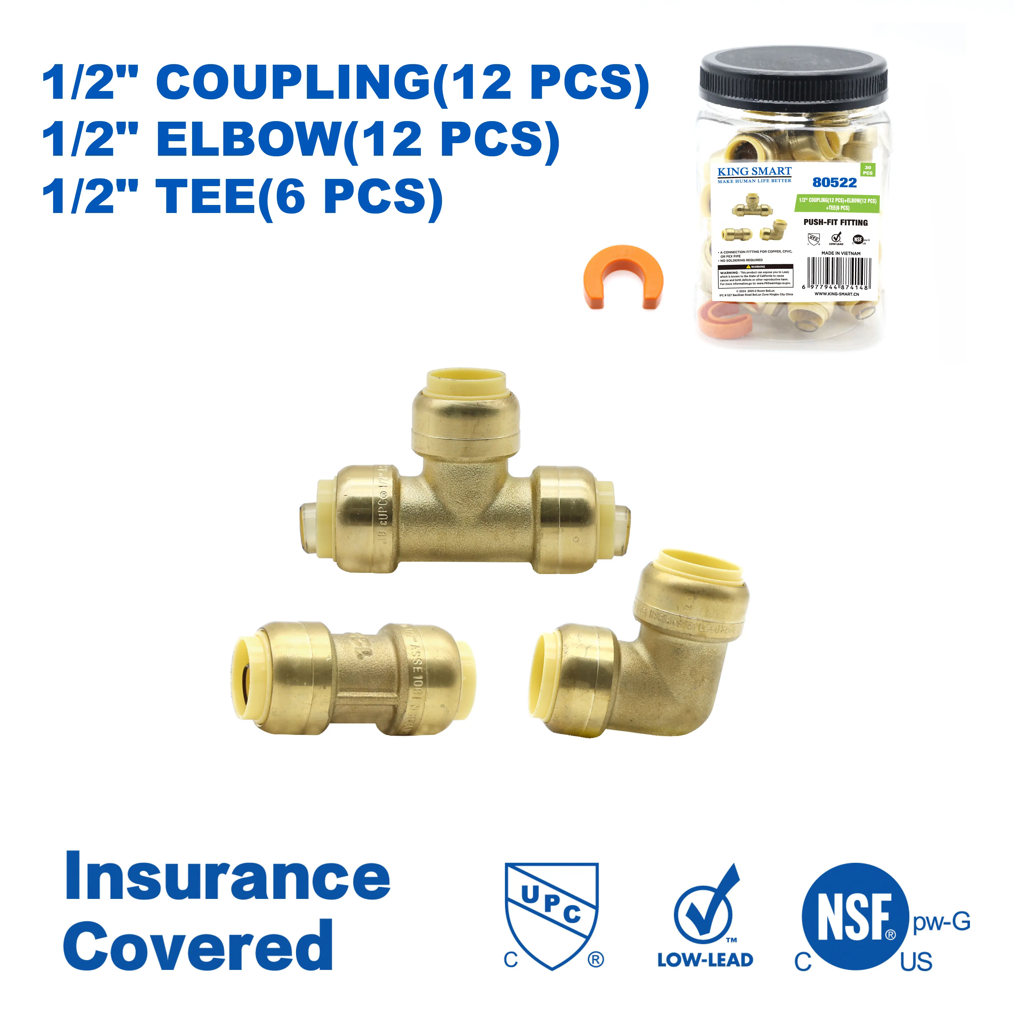 

KING SMART Push Fiting Kit Муфта 1/2 дюйма (12 шт.), колено 1/2 дюйма (12 шт.), тройник 1/2 дюйма (6 шт.); Бессвинцовая латунь; 30 шт./корпус; 80522