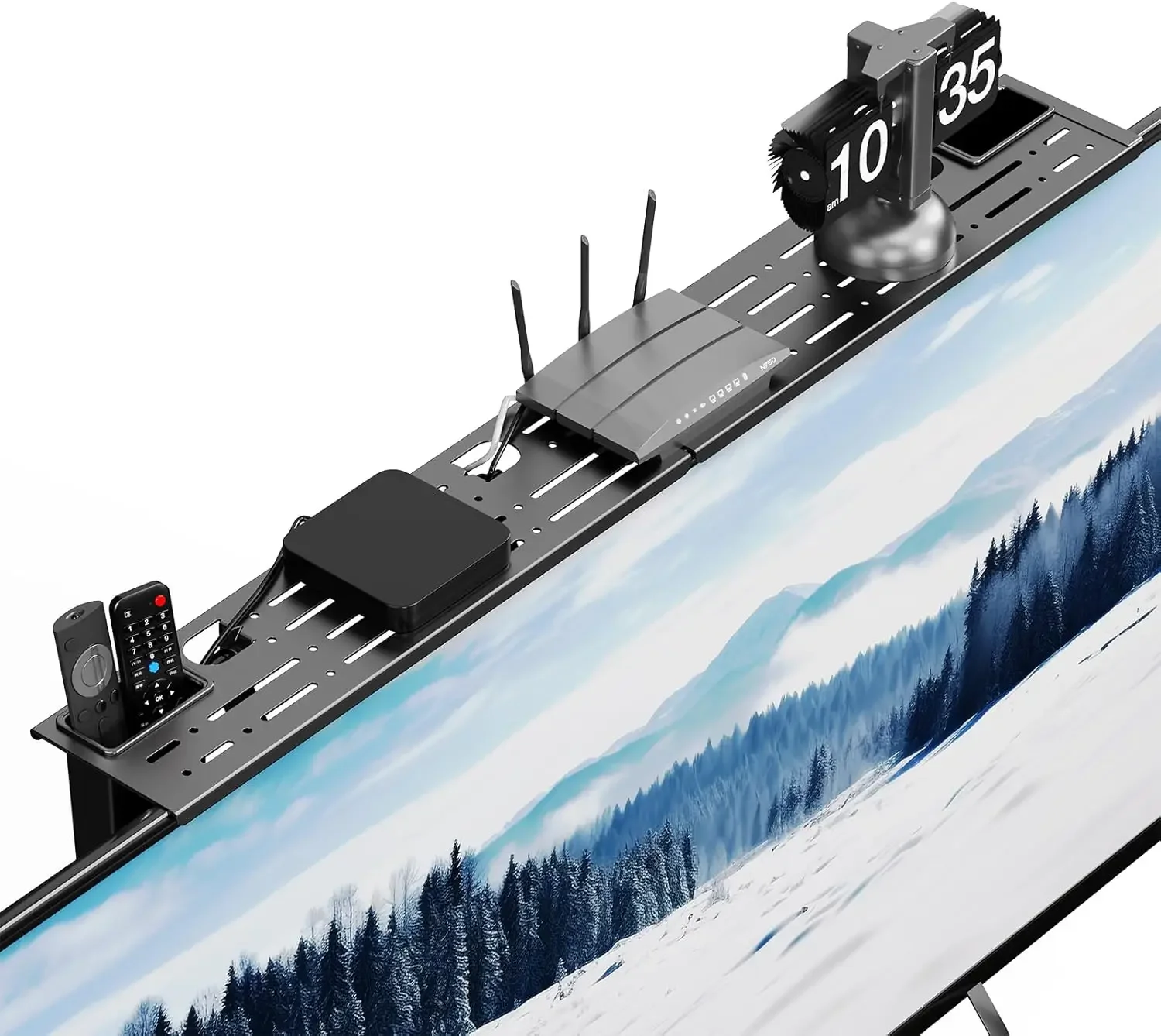 

No Drill TV Shelf Organizer with Remote Control Holder,Heavy Duty Cold Rolled Steel Monitor Stand for Router/Set-Top Box