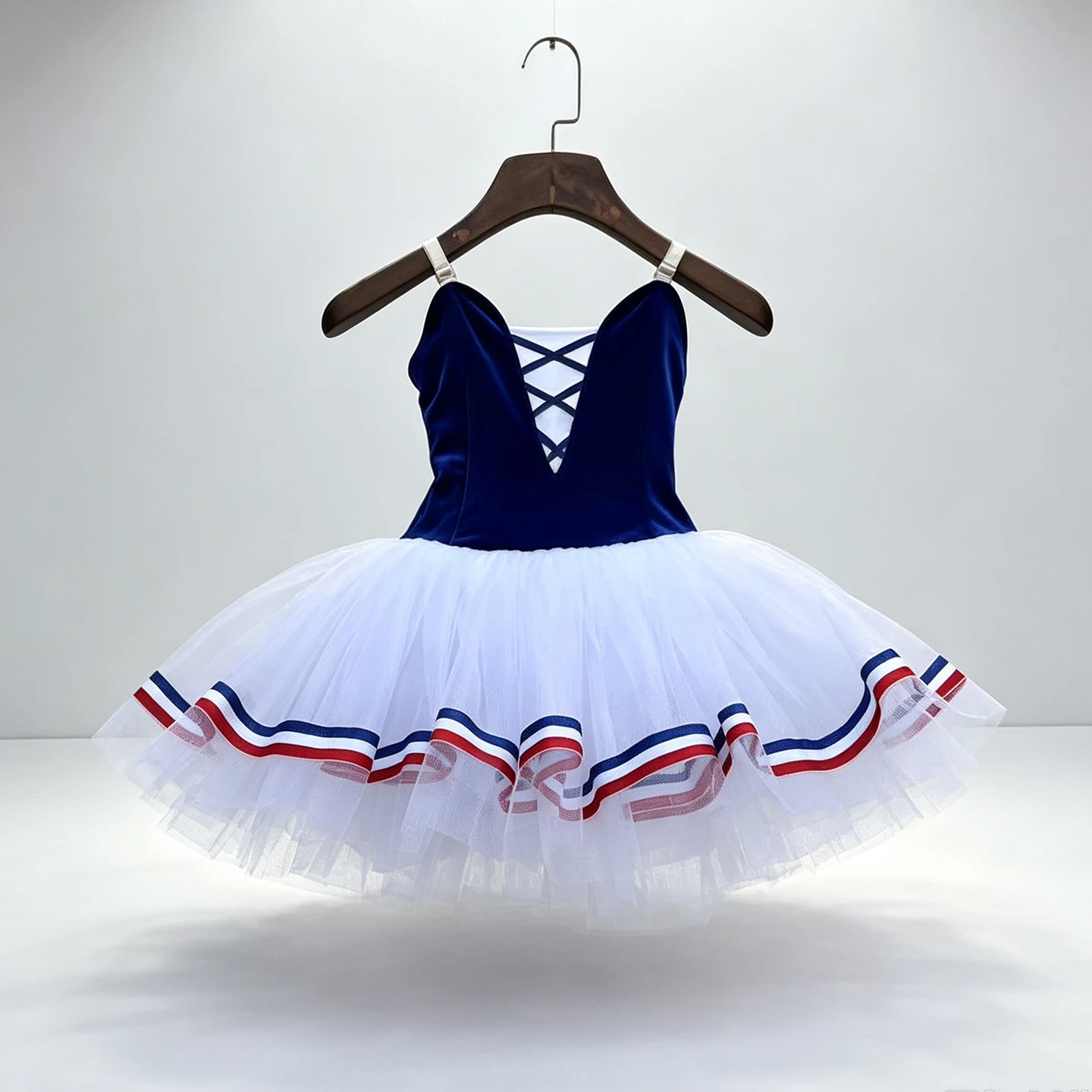 Girl's Navy Velvet Ballet Tutu Skirt White Tulle With Red & Blue Striped Trim Stage Performance Dance Dress For Kids Women