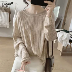 T-Shirts Solid Loose Spring Summer Thin Round Neck Hollow Out Korean Street Casual Women's Clothing 2022 Screw Thread Pullovers