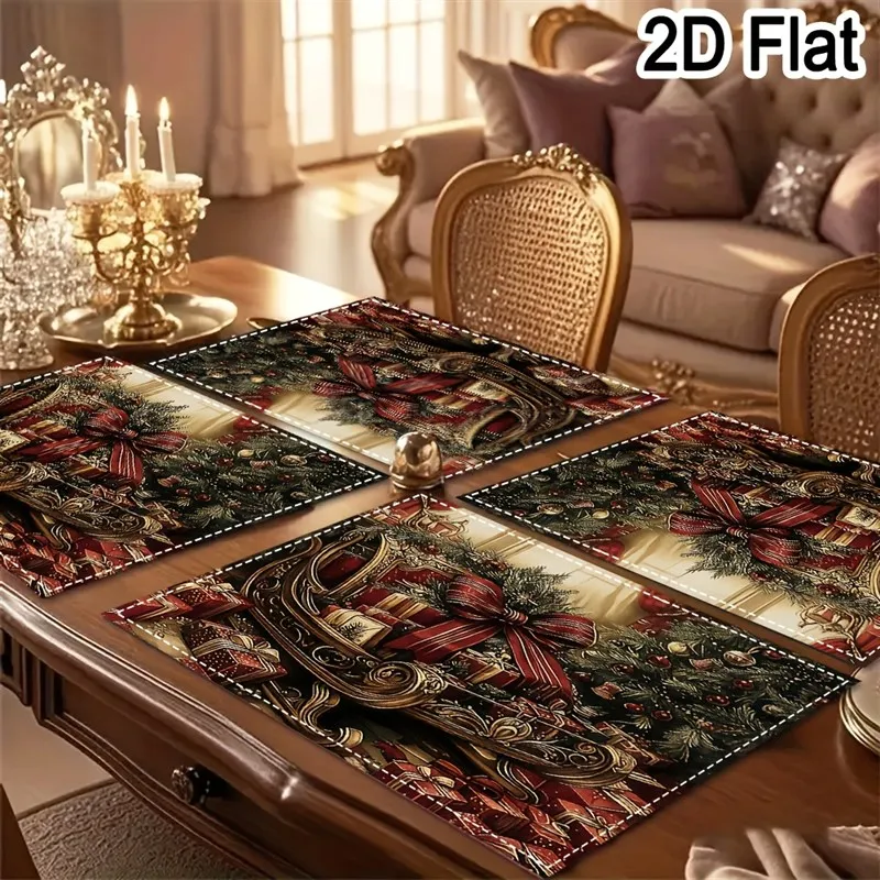 VIKAMA Christmas Linen Placemats, Vintage Gold Wreath Red Bow Luxury, Machine Washable Heat Resistant, Dining Room Decor